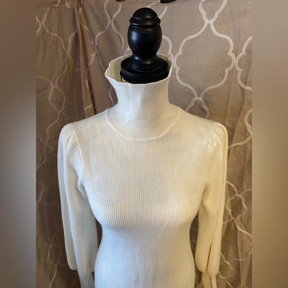 Soft & Cozy Ivory Cream Boston Proper Turtleneck Balloon Sleeve Sweater Dress - Picture 9 of 13